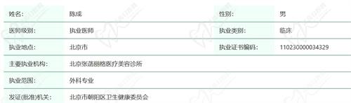 北京張菡麗格醫(yī)療美容診所陳成醫(yī)生資質(zhì)查詢